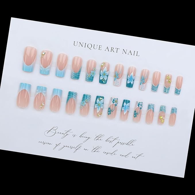 24Pcs French Tip Press on Nails Medium Square Fake Nails 3D Flower Starfish Rhinestones Gems Design Spring Summer Cute False Nails Blue Cyan Hibiscus Flower Acrylic Nails for Women French Manicure