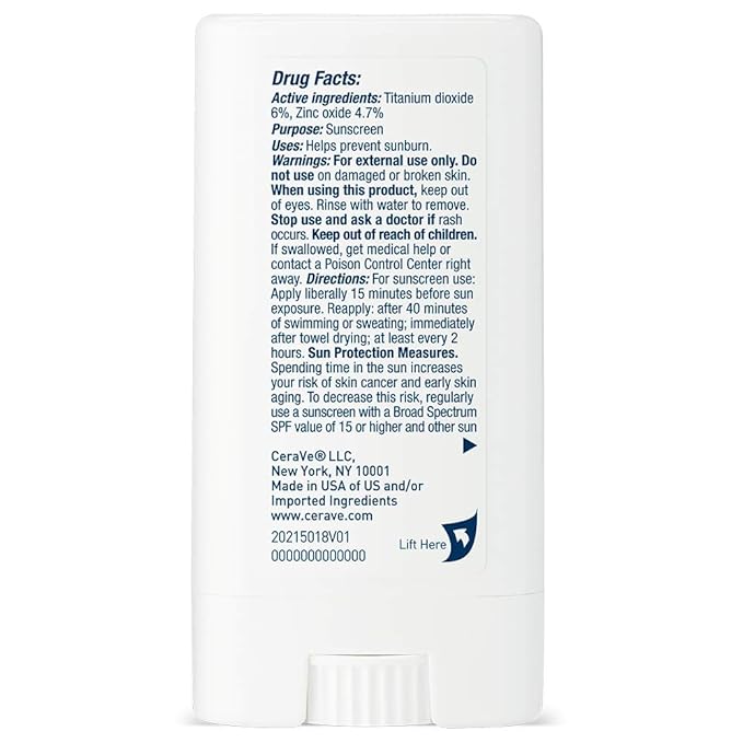 CeraVe Mineral Sunscreen Stick SPF 50, Broad Spectrum SPF + Hyaluronic Acid + Ceramides, Titanium Dioxide & Zinc Oxide, 100% Mineral Face Sunscreen Stick, Fragrance Free & Oil Free