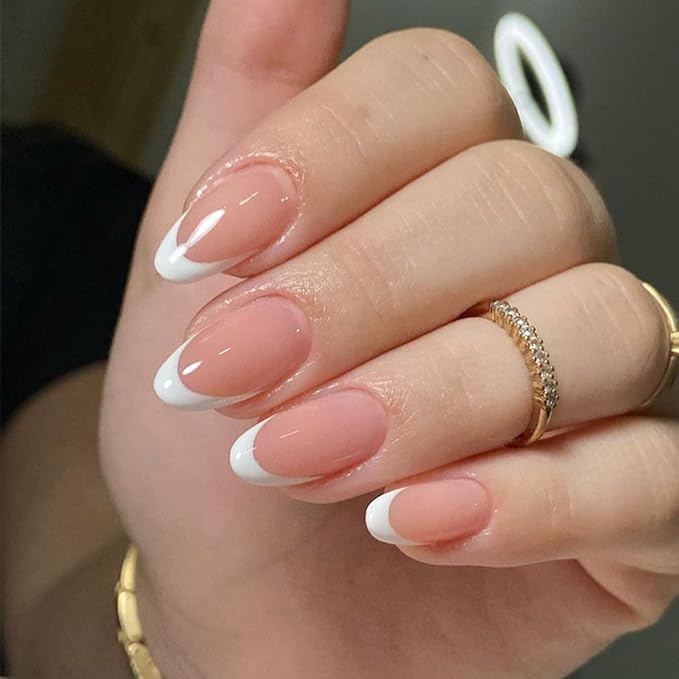 6 Packs (144 Pcs) French Tip Press on Nails Medium Almond Fake Nails Full Cover False Nails with Design Glossy Glue on Nails in 12 Sizes Fake Nails Kit Reusable Artificial Stick on Nails for Women