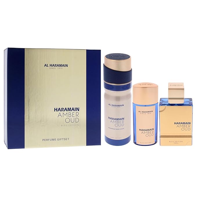Al Haramain Amber Oud Bleu Edition 3 Pc Gift Set for Unisex - Luxury Cologne & Perfume for Men & Women - 2.5oz EDP Spray, 1oz EDP Spray, 6.6oz Body Spray - Arabian & Arabic Long Lasting Fragrance