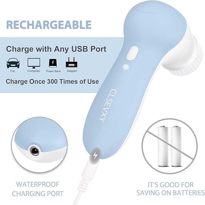 Rechargeable Facial Cleansing Spin Brush Set with 7 Exfoliating Brush Heads - Complete Face Spa System by CLSEVXY - Advanced Microdermabrasion for Gentle Exfoliation and Deep Scrubbing