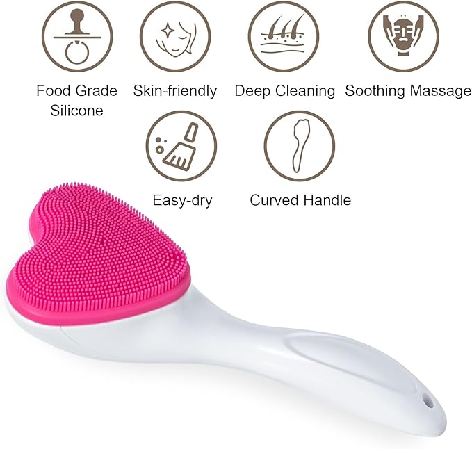 Silicone Face Scrubber Exfoliating Brush 2 Pack, Manual Handheld Facial Cleansing Brush Blackhead Scrubber, Soft Bristles Waterproof for Face Skincare (Black Hot-Pink,Heart)