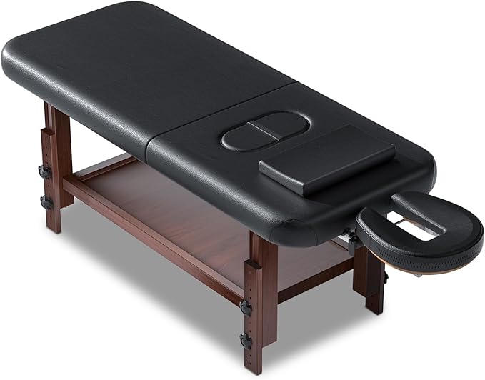 Wood Massage Table with Hight Adjustable Legs and Backrest for Treatment, Black PU Leather Professional Spa Bed Load1500 LBS, Spa Table with Storage for Footmassage Facial CareSpa Tattoo