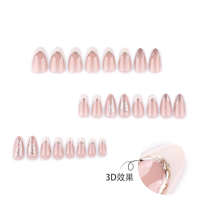 3D Gold Line French Tips Press On Nails Almond Medium, Butterfly Pattern Designer Reusable Acrylic Nails Press Ons, Fake Nails With Glue On, Daily Wear Floral False Nails For Women
