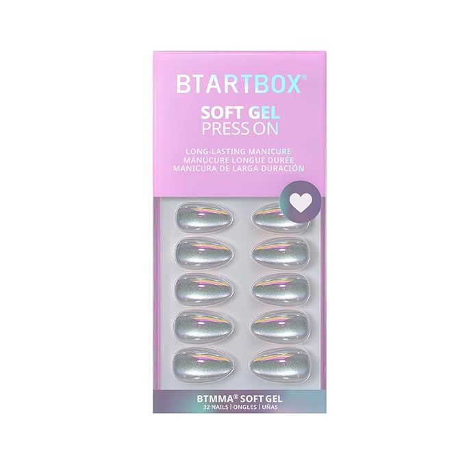 BTArtbox Press On Nails Short - Chrome Cat Eye Almond Press On Nails with Glue for Women, Opaque Soft Gel Glue On Nails in 16 Sizes - 32 Stick On Nails Kit, Chaos Chrome