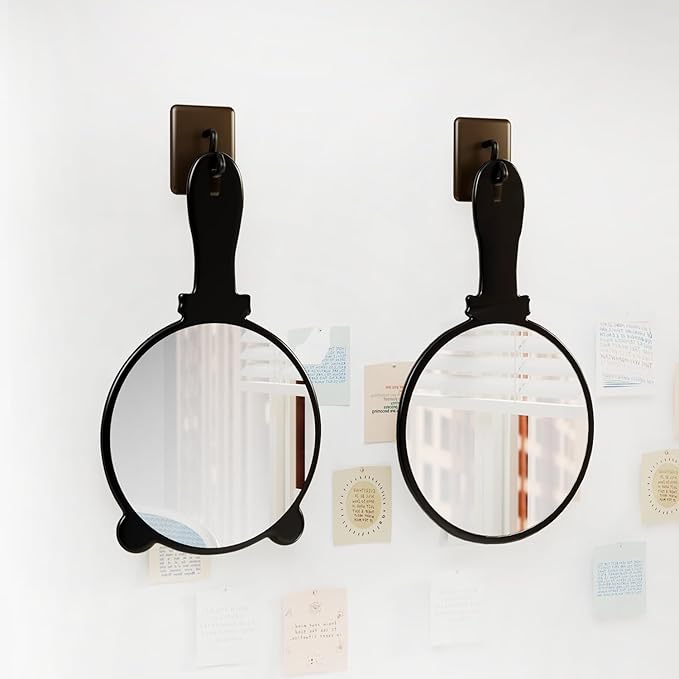 2 Pcs Hand Held Mirror with Handle for Makeup,Small Cute Hand Mirror for Shaving with Hole Hanging Single-Sided Portable Travel Vanity Mirror Gift for Men&Women (Black, 5.91" Lx 7.87" W)