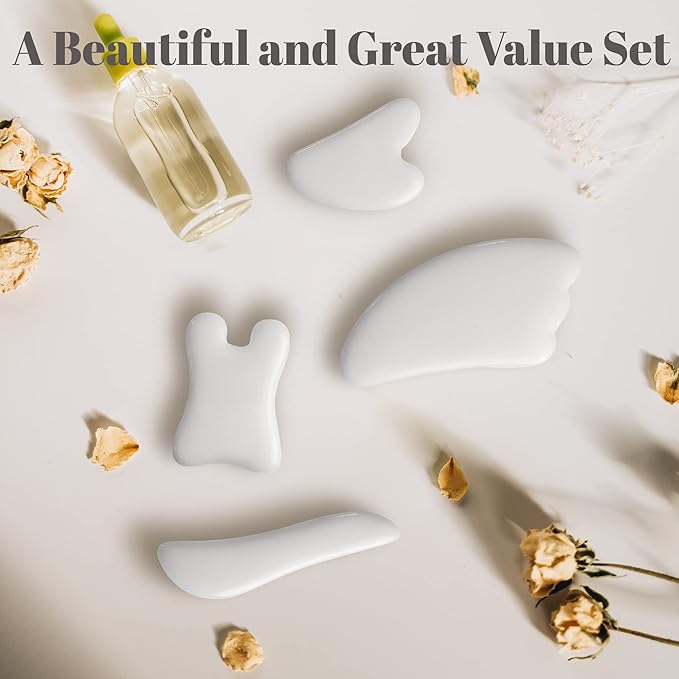 Rena Chris Guasha Massage Tool, 4 Pcs Gua Sha Facial Tool, Guasha Board for SPA Acupuncture Therapy Trigger Point Treatment, Gua Sha Scraping Massage Tool(White)