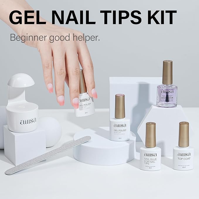 AILLSA Gel Nail Kit Short Coffin Nail Tips 240pcs with 2 In 1 Nail Glue Base Coat and Nail Dehydrator, False Nail Tips Kit with U V Light Top Coat for Beginners DIY Home Salon