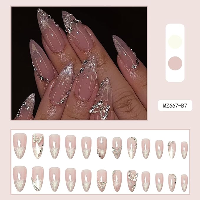 24Pcs 3D Butterfly Press on Nails Almond Fake Nails Glitter French Tip Glue on Nails Butterfly Nail Charms Rhinestones Pearl Artificial Acrylic Nails Medium Glossy Nude Stick on Nails for Women