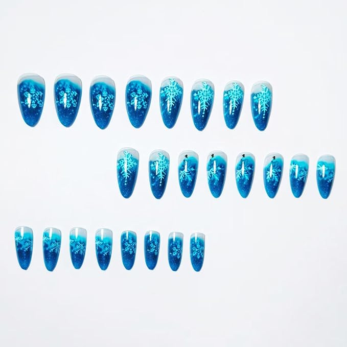 Snowflake Press on Nails Medium Almond Fake Nails Gradient Blue Full Cover Winter False Nails Christmas Glue on Nails White Snow Artificial Acrylic Nail for Women DIY Christmas Nails Decoration 24Pcs
