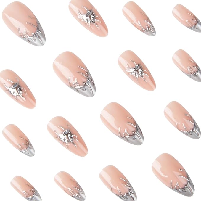 24Pcs Silver French Tip Press on Nails Medium Almond Fake Nails 3D Silver Chrome False Nails Artificial Heart Glue on Nail Y2k Punk Acrylic Nails Gothic Stick on Nail for Women Manicure Decorations