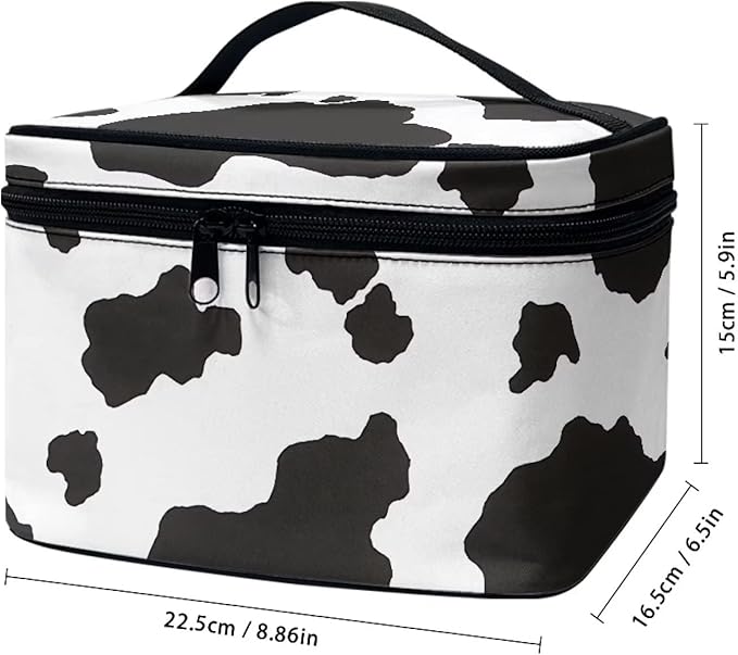 White Black Cow Cowhide Cute Print Portable Makeup Bags for Women Large Capacity Cosmetic Organizer and Storage Pouch with Zipper and Handle Travel Toiletry Accessories