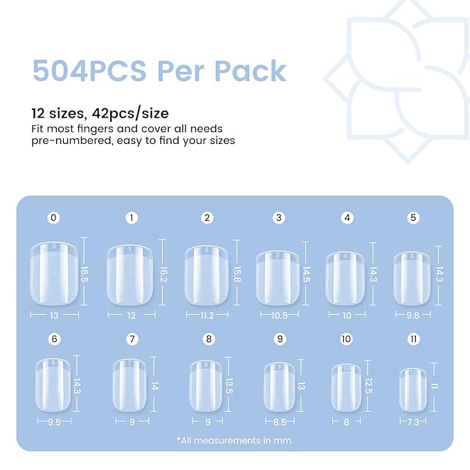 Extra Short Nail Tips Square: 504PCS Pre-shaped Gel Nails Tips Short Square Nail Tips, 12 Sizes Clear Full Cover False Fake Press on Nails for Nail Extensions DIY Home Salon for Women