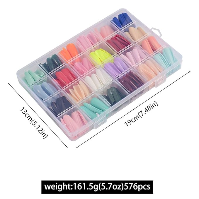 576Pcs Long Press on Nails Coffin Fake Nails Solid Color False Nails Full Cover Glossy Acrylic Glue on Nails Reusable Artificial Acrylic Stick on Nail for Women Manicure 24 Color