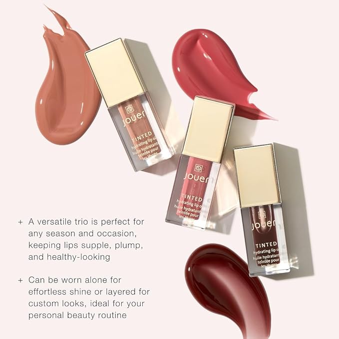 Jouer The Lip Edit Deluxe Tinted Lip Oil Trio, Hydrating, High Shine, Non-Sticky Set with Apricot, Jojoba, Vitamin E, Makeup Gift, 3 Shades