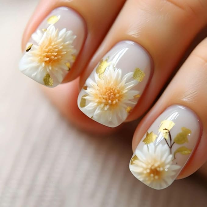 Short Square Press on Nails White Fake Nails with Flower Design Spring False Nails for Girls and Kids 24pcs