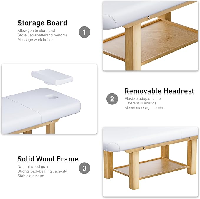 28in Wide Massage Table with 1500lbs Weight Capacity, Wooden Base, Massage Bed Adjustable Backrest for Professional & Home Use, Spa Treatment Table for Relaxation and Therapy,White