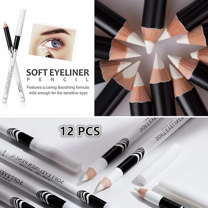 Go Ho 12 PCS White Eyebrow Eyeliner Pencils,White Eyeshadow Makeup Pen,Sweatproof Eye Highlighter Makeup Pencil,Long-lasting Nice Color Eye Brow Gel Pen,Brow Tint Sticks(White)