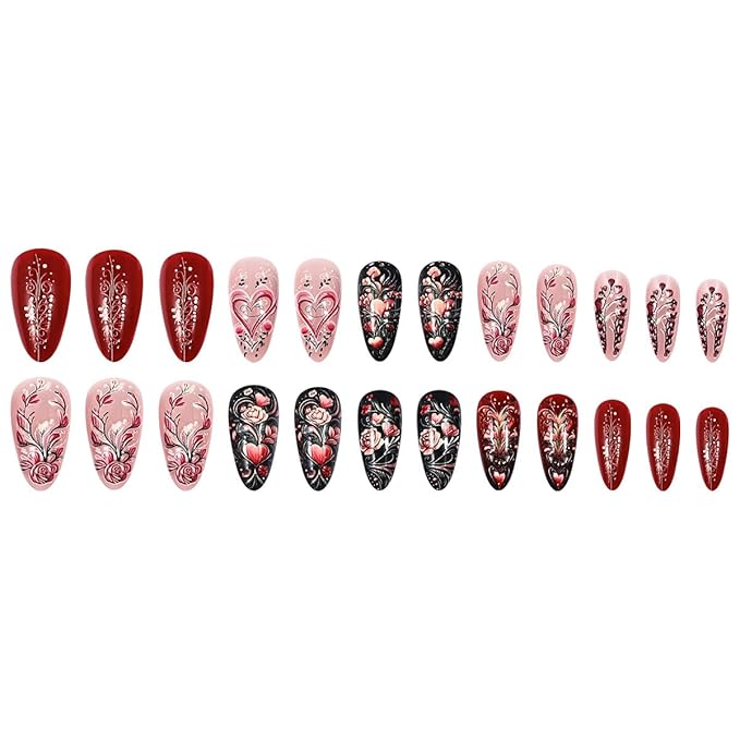 24Pcs Valentine's Day Press on Nails Long Almond Fake Nails Pink Love Heart False Nails Flower Rose Full Cover Glue on Nails Valentines Artificial Stick on Nail Glossy Acrylic Nails for Women Manicure