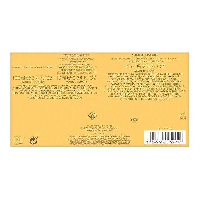 1 Million by Paco Rabanne Eau de Toilette Spray 100ml, Shower Gel 75ml & Eau de Toilette Spray 10ml