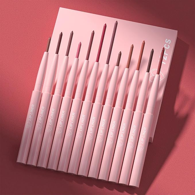Kaely 12Pcs Retractable Lip Liner Pencils Set for Painting Outline Plump Lips, Mauve Maroon Red Orange Nude Coffee Brown Plum Taupe Creamy Matte Velvet Pigmented Lip Colors Liner Crayon Lipstick Set