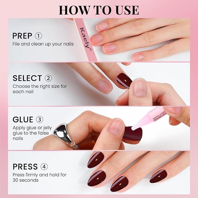 evpct Glossy Press on Nails Short Almond Short for Women, Cherry Wine Red Fake Nail with Glue Salon Quality Reusable Stick on Nails In 15 Sizes 30Pcs Full Cover False Nail Soft Gel Set Kit for Gift
