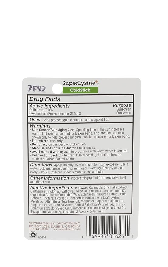 Quantum Health SuperLysine+ ColdStick Lip Sunscreen|Soothes and Moisturizes Lips|Softens and Protects from the Sun|Goes on Clear|0.17 Ounce