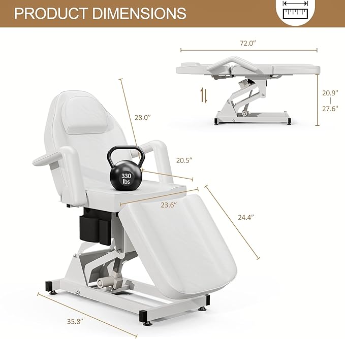 SyyBhb White Fully Electric Spa Bed Tattoo Chair Facial Table 3 Motor with Storage Pocket, 21''-28" Height Backrest Footrest Electric Adjustable, 3-Section Folding