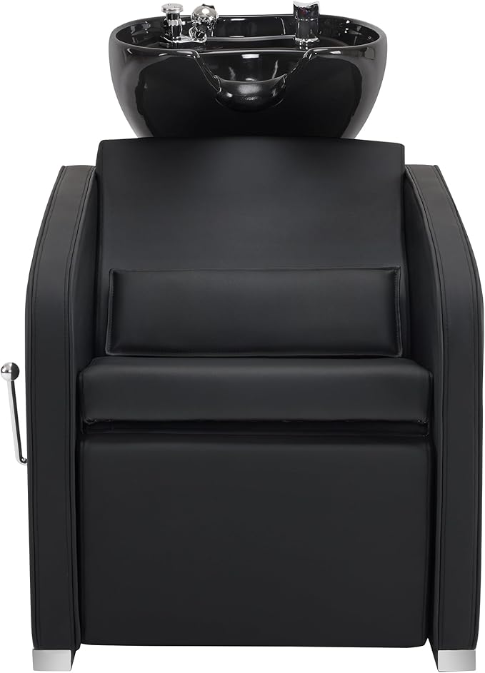 BarberPub Backwash Shampoo Station Chair, Adjustable Porcelain Ceramic Hair Wash Bowl Sink Unit Station, Reclining Shampoo Station Chair for Spa Beauty Salon Hair Salon Equipment 9303 (Black)