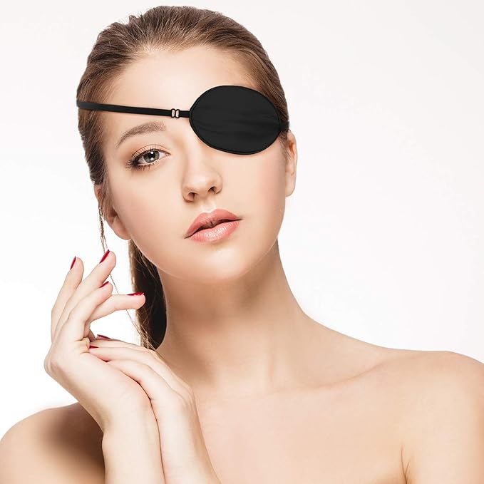 3 Pieces Silk Eye Patch Medical Eye Patch for Adult Women Elastic Lazy Adjustable Single Eyepatch with Elastic Strap(Black, Champagne, Peach)