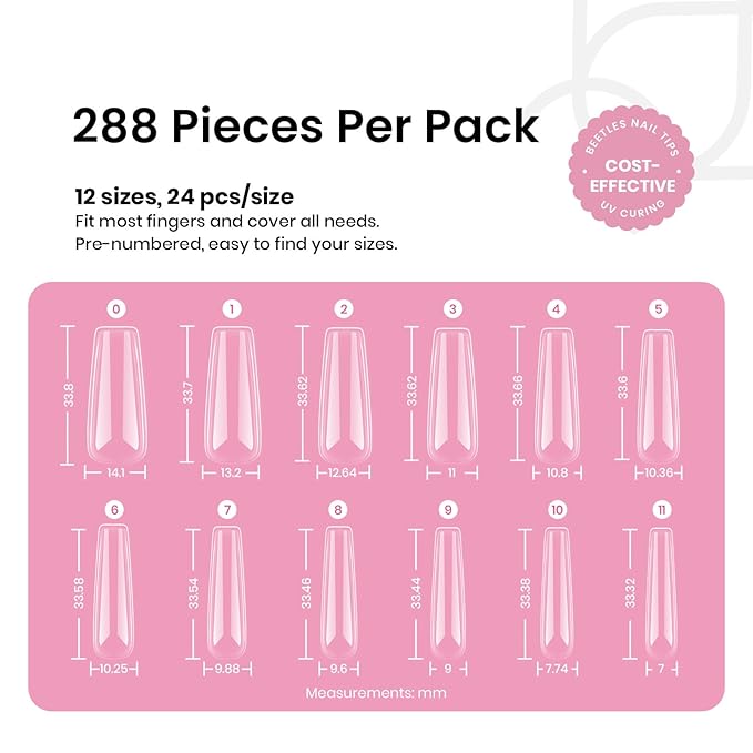 Beetles Gel Nail Tips Long Square Nail Tips, 12 Sizes 288 PCS Pre-Shaped Clear Full Cover False Nails Tips Clear Acrylic Nails Glue on Nails for Girls Women Nail Art Design,Nail Glue Needed
