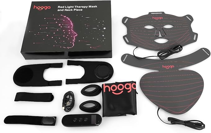 Hooga Red Light Therapy LED Mask and Neck Piece Combo Set, Tri Chip LEDs, 630 nm and 660nm Red & 850nm Near Infrared, Adjustable, Comfortable, USB Type-C Rechargeable for Wellness and Anti-Aging