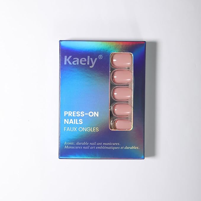 evpct Nude Pink Glossy Press on Nails Short Square, Glossy Pink Fake Nails Summer Reusable, Acrylic False Nail Stick Glue on Press ons for Women Gifts, Durable Perfectly Fit False Nail Kit Glue 30Pcs