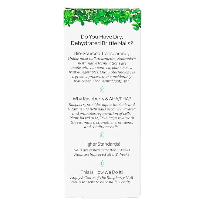 Nailtopia Raspberry Nail Nourishment - Revitalizing Nail Strengthener Treatment for Stronger Nails - Growth Serum for Damaged, Thin, Cracked Nails - Vitamin Infused, Bio Sourced, and Vegan - 0.41 oz