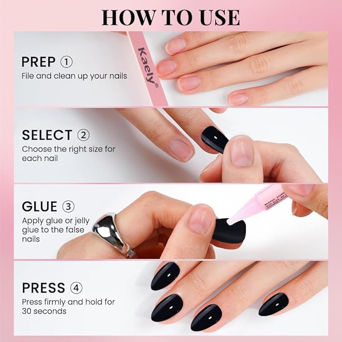 evpct Glossy Press on Nails Short Almond Short for Women, Black Fake Nail with Glue Salon Quality Reusable Stick on Nails In 15 Sizes 30Pcs Full Cover False Nail Soft Gel Set Kit for Gift, 29