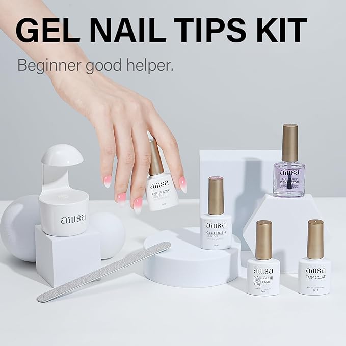 AILLSA Almond Nail Kit with U V Lamp 240pcs Short Gel Nail Tips and Glue Gel Kit with 2 in 1 Nail Glue Base Top Coat and Nail Dehydrator for Beginners DIY Home Salon