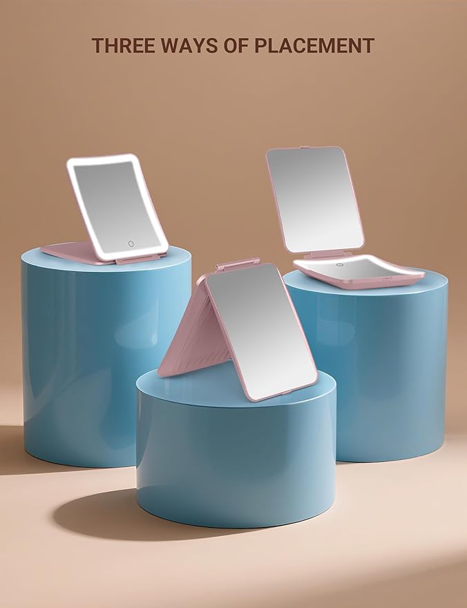 1X/10X Magnifying Makeup Mirror with 3 Colored Lights and Touch Control, 2700mAh Rechargeable LED Vanity Mirror for Home, Bathroom and Travel (Rose Pink, with LED Lights)