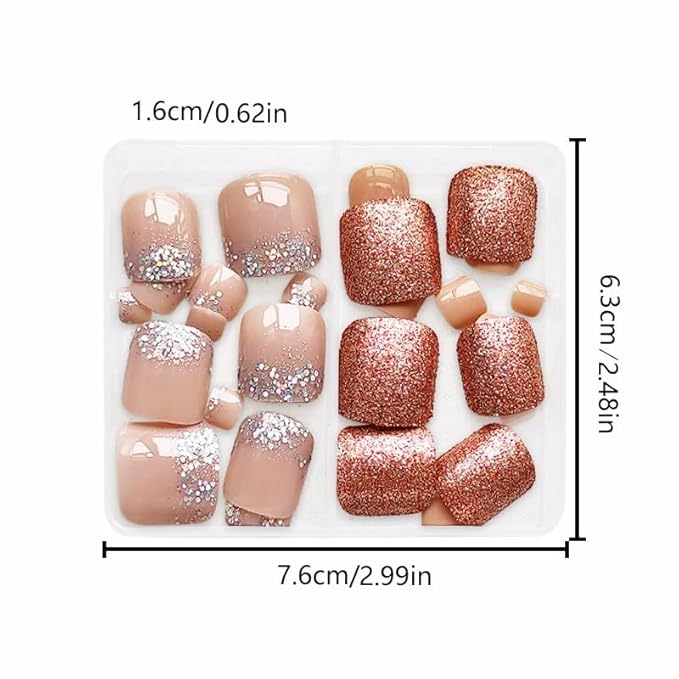 2 Packs 48Pcs Glitter Press on Toenails Short Square Fake Toe Nails Nude Glitter Design Acrylic False Toe Nails Full Cover, Glue Stick On Nails for Women's Manicure & Nail Art