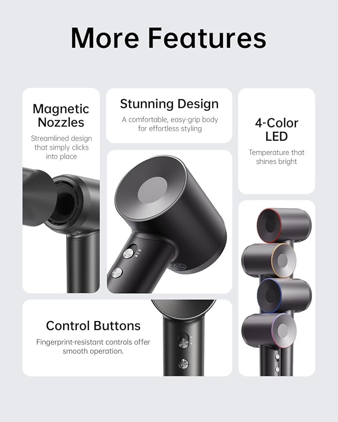 Laifen Swift Special Hair Dryer, High Speed 200M Ionic Blow Dryer with 110, 000 RPM Brushless Motor for Fast Drying, Low Noise, Hairdryer with Magnetic Nozzles