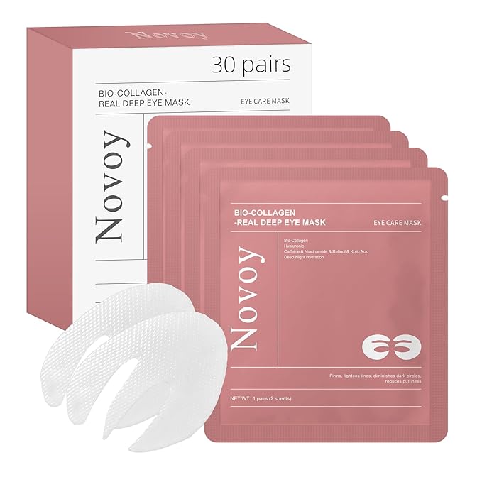 Novoy 30 Pairs Bio-Collagen Real Deep Eye Patches - 6-in-1 Retinol Overnight Eye Patches for Dark Circles, Puffiness & Wrinkles | 2% Caffeine+Hyaluronic+Niacinamide, Korean Popular Eye Mask - ROSE