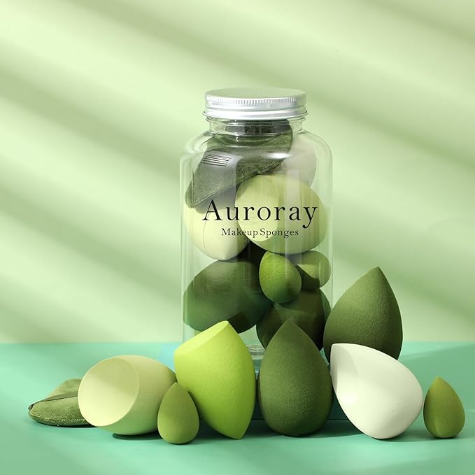 14 Pcs Makeup Sponge Set, Beauty Sponges Blender with 4 Pcs Powder Puff and 4 Pcs Mini Make up Sponges St. Patrick's Day Gift for Liquid,Foundation,Powder,Concealer,Cream (Green)