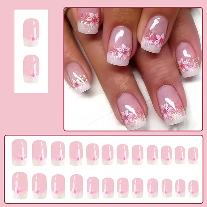 24Pcs Pink Press on Nails Short Square Fake Nails with Glitter French Tip Glue On Nails Spring Flower Acrylic Nails Press on Full Cover Pink Floral False Nails Nude Glossy Stick on Nails for Women