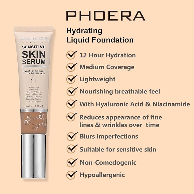 PHOERA Hydrating Serum Foundation,Makeup Base Foundation Hypoallergenic and Flawless Full Coverage.(N01 Porcelain)