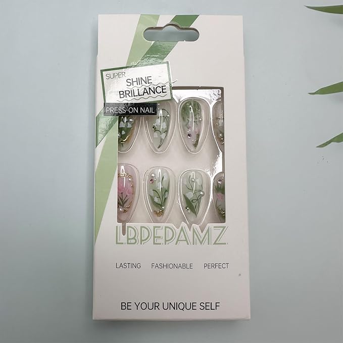 Green Press on Nails Medium Almond Fake Nails with 3D Pearl Rhinestones Designs Gold French Tips Flower Acrylic Nails False Nails White Floral Full Cover Glossy Stick on Nails for Women 24Pcs