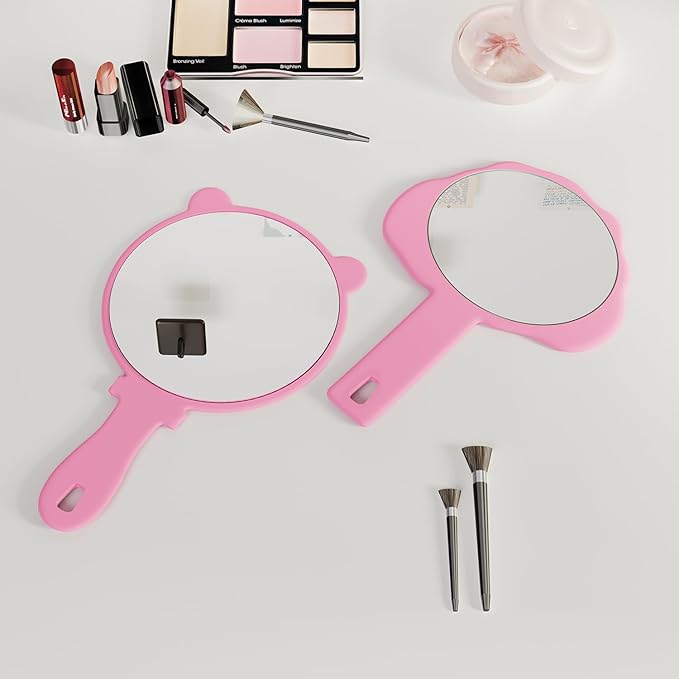 2 Pcs Handheld Mirror with Handle, Plastic Travel Makeup Handheld Cosmetic Hand Mirror for Travel, Pocket Desk Showe Barber, Gift for Your Girlfriend, for Women (Pink, 5.91" Lx 7.87" W)