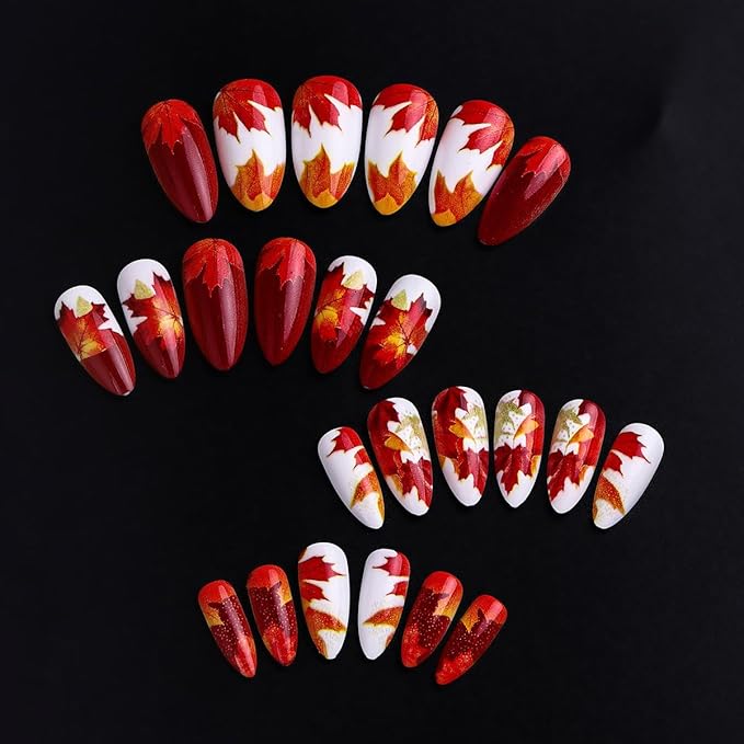 Maple Leaf Press on Nails Medium Almond Fake Nails Fall Nails Press ons Flaming Leaves Design Thanksgiving Acrylic Nail Autumn Glue on Nail Glossy Full Cover False Nail for Women DIY 24Pcs