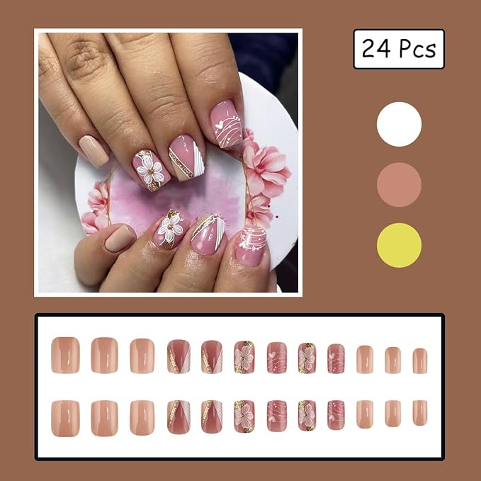 24Pcs French Tip Press on Nails Short Square Fake Nails with Gold Glitter Designs White Flower False Nails Reusable Spring Acrylic Nails Press on Full Cover Solid Color Glue on Nails for Women Nails