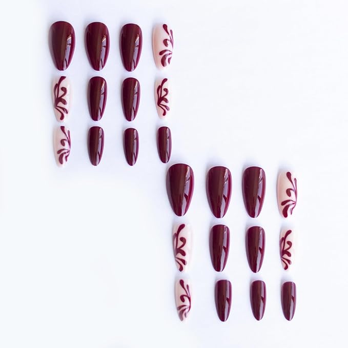Press on Nails Medium Almond Fake Nails Red Lace False Nails Glossy Acrylic Nails Wine Red Artificial Nails Full Cover Glue on Nails for Women Girls Manicure Nails Decoration 24Pcs