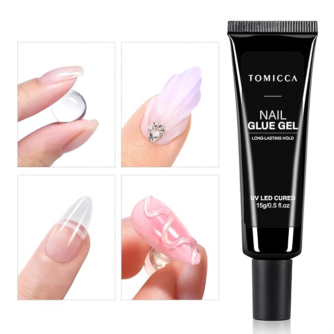TOMICCA Super Strong Nail Glue for Press On Nails, Nail Tips - Long Lasting Glue On Nails Clear Adhesive, 3D Gel Nail Glue Art Design, UV Lamp Cured, 15ml DIY Home Salon Use