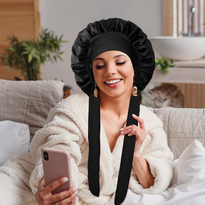 Silk Bonnet for Sleeping Women,Hair Bonnet for Sleeping Silk Night Cap for Curly/Natural Hair Skin Gleaming Black, Large